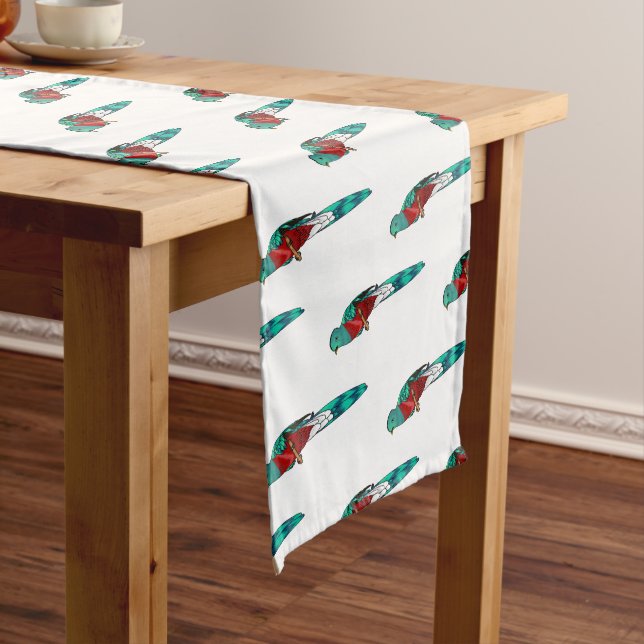 Resplendent quetzal bird cartoon illustration  short table runner (In Situ)