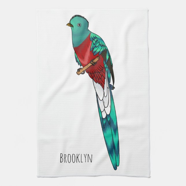 Resplendent quetzal bird cartoon illustration  tea towel (Vertical)