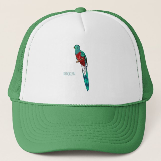 Resplendent quetzal bird cartoon illustration trucker hat (Front)