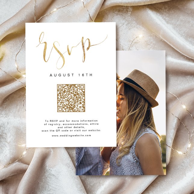 Response Card (Gold Modern Simple Script wedding QR code RSVP Card)