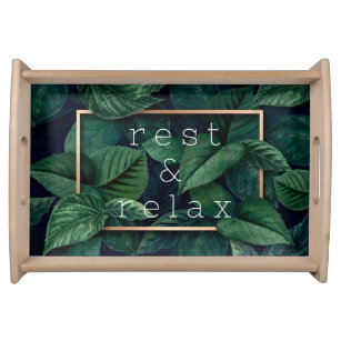 Rest & Relax Dark Green Leaf Natural Wood Serving Tray