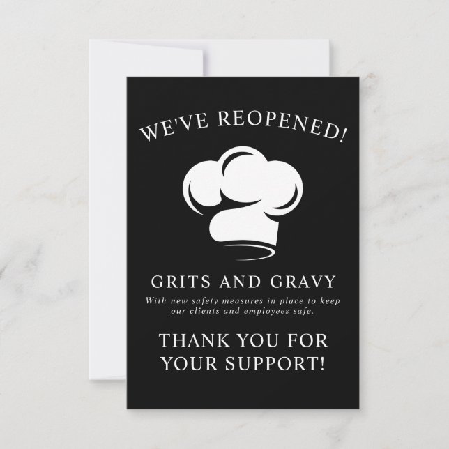 Restaurant Black White Chef Hat Covid Reopening Thank You Card (Front)