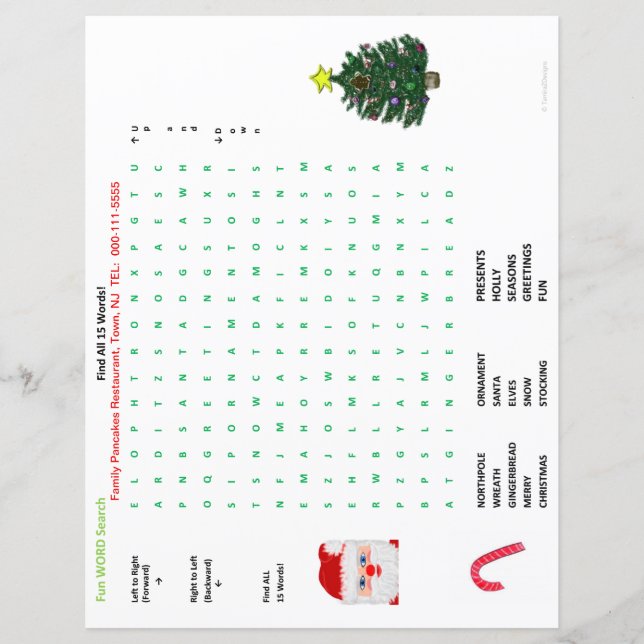 Restaurant Christmas 15 Word Search Placemat (Front)