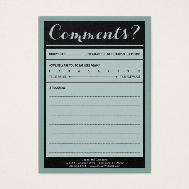 restaurant comment card (Front)