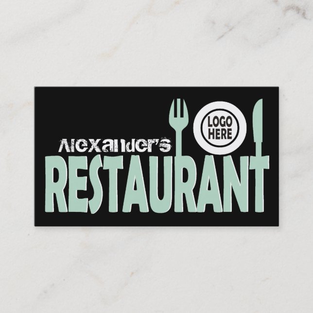 Restaurant cutlery plate mint green black white business card (Front)