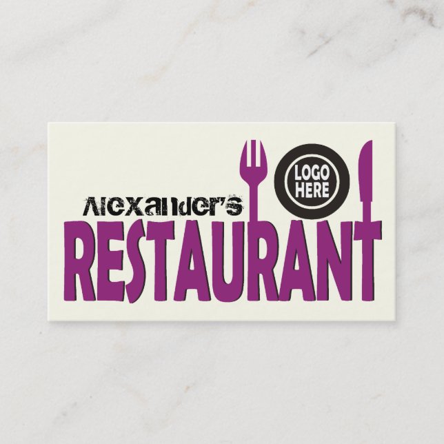 Restaurant cutlery plate purple black ivory business card (Front)
