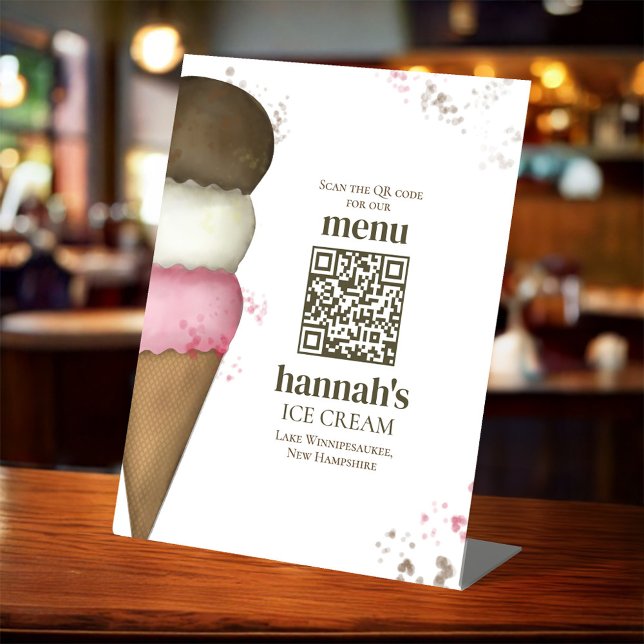 Restaurant Menu QR Code Template Ice Cream Pedestal Sign (Ice cream cone business QR code manu foam board sign. )