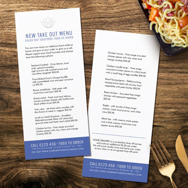 Restaurant new take out menus blue (Business restaurant trial new take out menu)