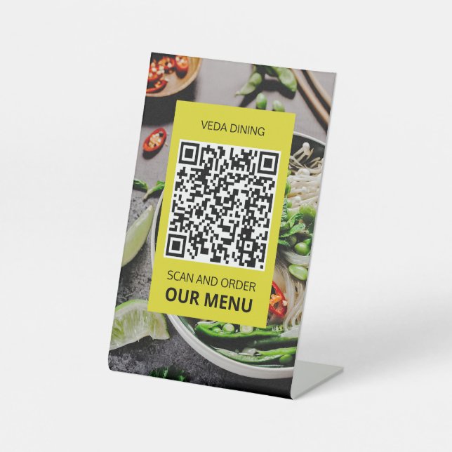 Restaurant Photo Scan Menu Order QR Code Card Pedestal Sign (Front)