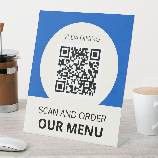 Restaurant Scan Menu Order QR Code Blue Pedestal Sign (In SItu)
