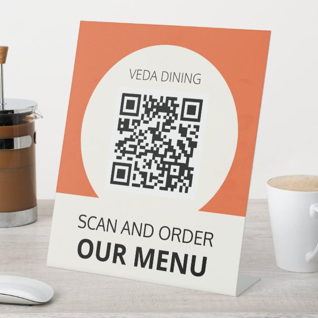 Restaurant Scan Menu Order QR Code Orange Pedestal Sign (In SItu)