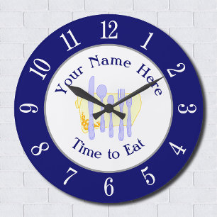 Restaurant Silverware on Blue White Numbers Large Clock