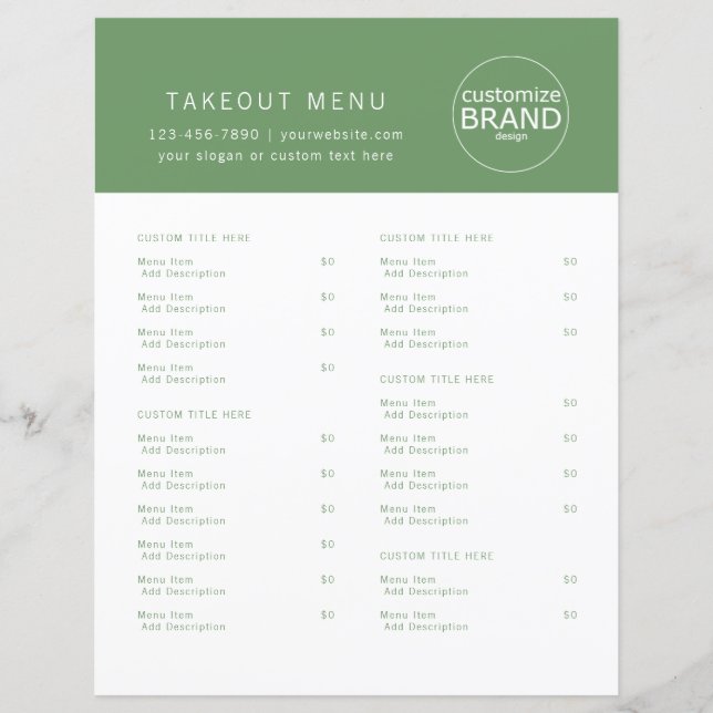 Restaurant Takeout Catering Logo Olive Green Menu (Front)