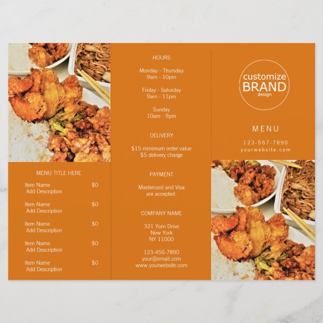 Restaurant Takeout Logo Photo Tri-fold Orange Menu (Front)