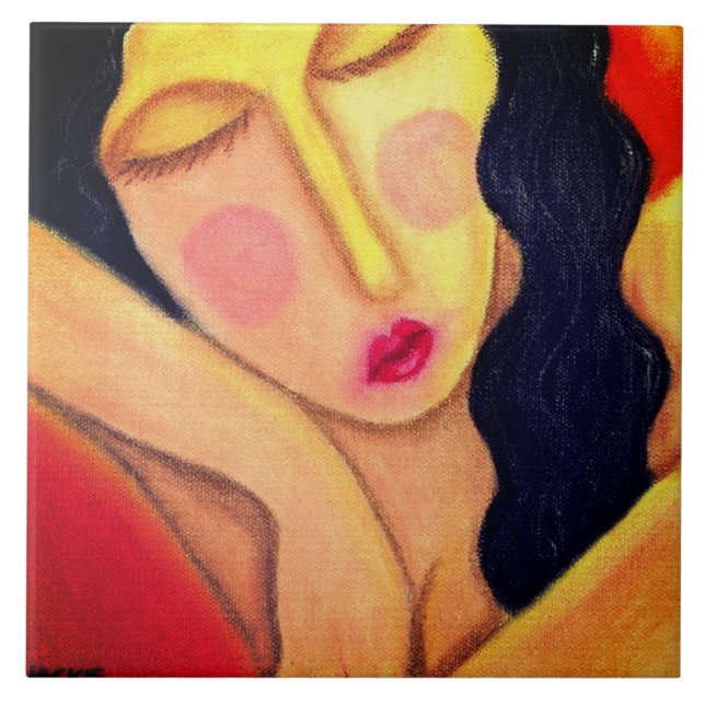 Resting Abstract Oil Pastel Painting of a Woman Ceramic Tile (Front)