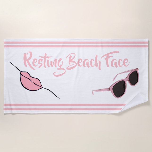 Resting Beach Face White and Pink Beach Towel (Front)
