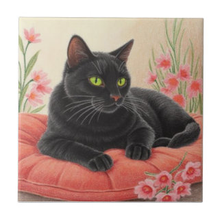 Resting Black Cat Ceramic Tile