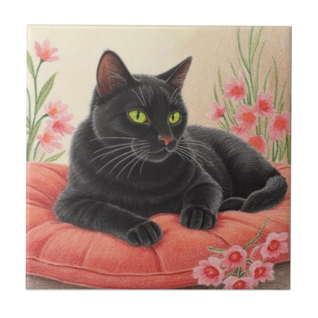Resting Black Cat Ceramic Tile (Front)