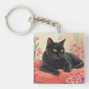 Resting Black Cat Key Ring