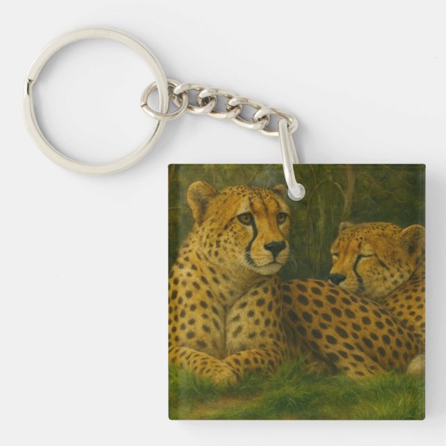 Resting Cheetah Duo in Forest Setting Key Ring (Front)