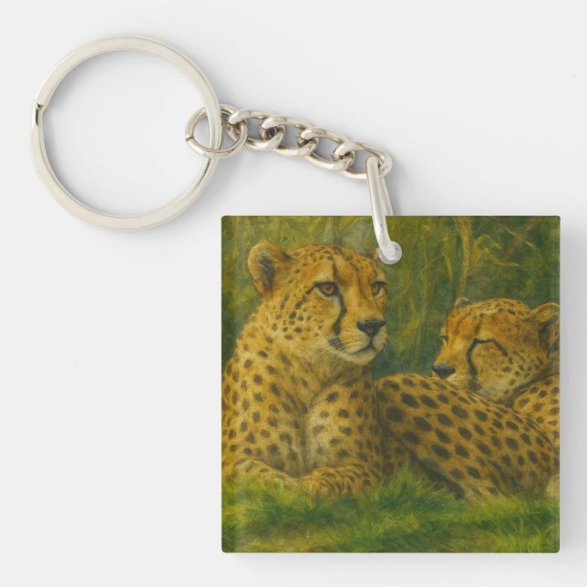 Resting Cheetah Duo in Forest Setting Key Ring (Front)