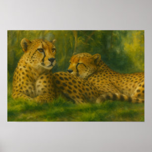 Resting Cheetah Duo in Forest Setting Poster