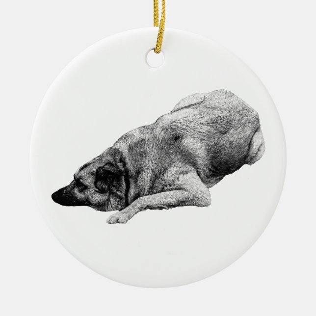 Resting Grey Dog Glows On Festive Winter Trees Ceramic Ornament (Front)