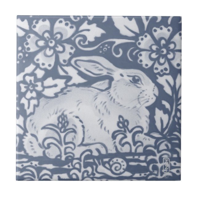 Resting Rabbit Blue White Botanical Dedham Delft Ceramic Tile (Front)