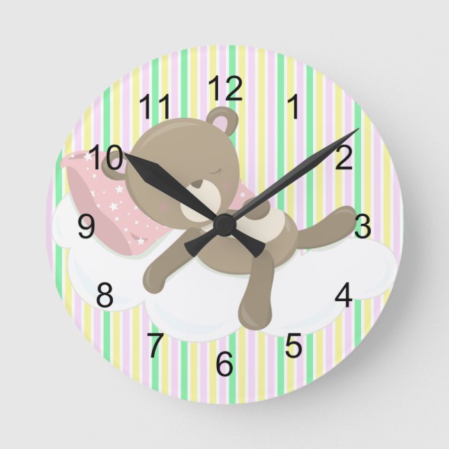 Resting Teddy Bear on Stripes Round Clock (Front)
