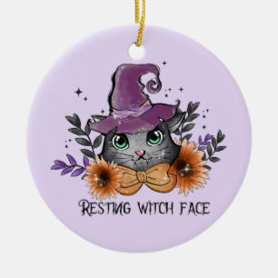 Resting Witch Face – Cat with Witch Hat Ceramic Ornament