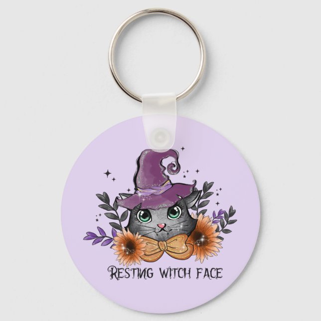 Resting Witch Face – Cat with Witch Hat Key Ring (Front)