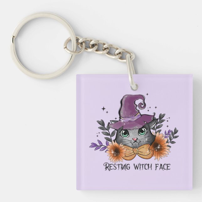 Resting Witch Face – Cat with Witch Hat Key Ring (Front)
