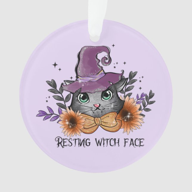 Resting Witch Face – Cat with Witch Hat Ornament (Front)