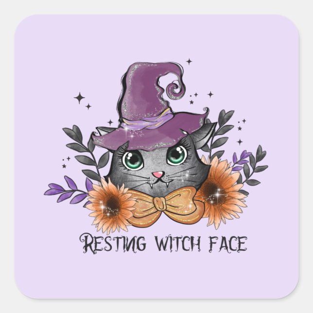Resting Witch Face – Cat with Witch Hat Square Sticker (Front)