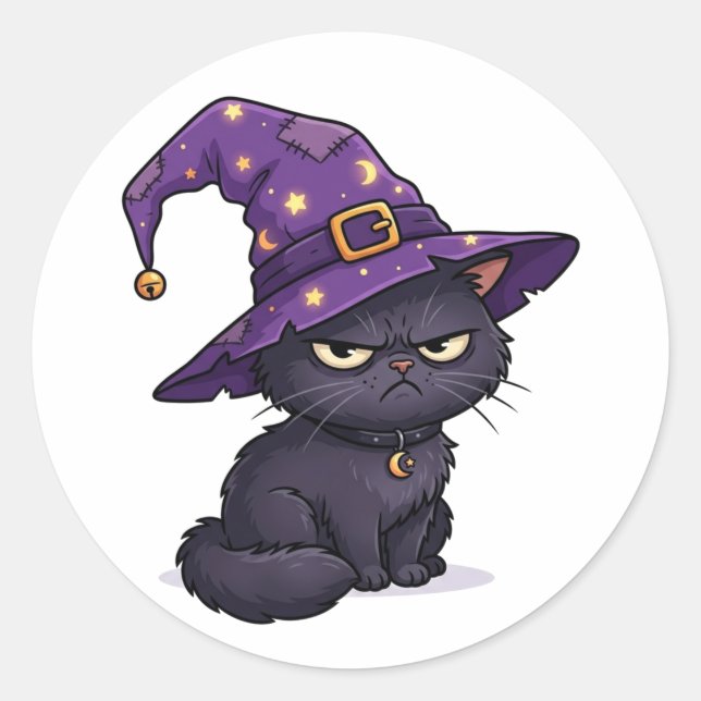 Resting Witch Face Grumpy Black Cat Halloween Classic Round Sticker (Front)