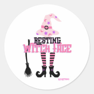 Resting Witch Face Halloween Broomstick Classic Round Sticker
