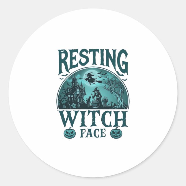 Resting Witch Face Halloween Haunted House Cauldro Classic Round Sticker (Front)