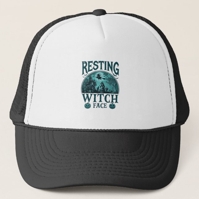 Resting Witch Face Halloween Haunted House Cauldro Trucker Hat (Front)
