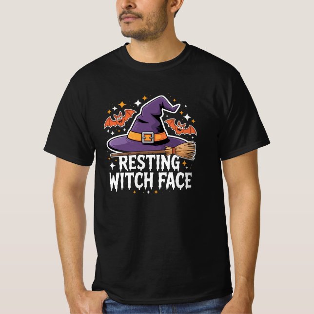 Resting Witch Face Scary Broomstick Funny Hallowee T-Shirt (Front)