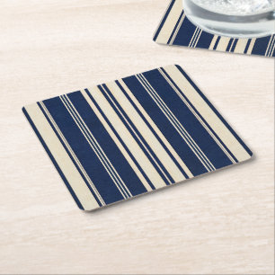 Restoration Ivory Navy Blue Vintage Weave Look Square Paper Coaster