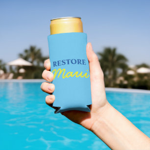 "RESTORE Maui. RESTORE Lahaina." Blue and Yellow Seltzer Can Cooler
