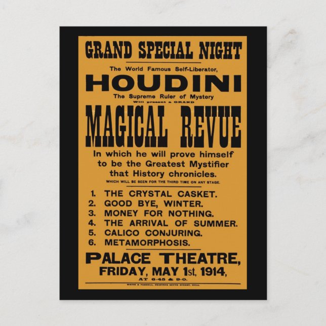 Restored 1914 Harry Houdini yellow billboard Postcard (Front)