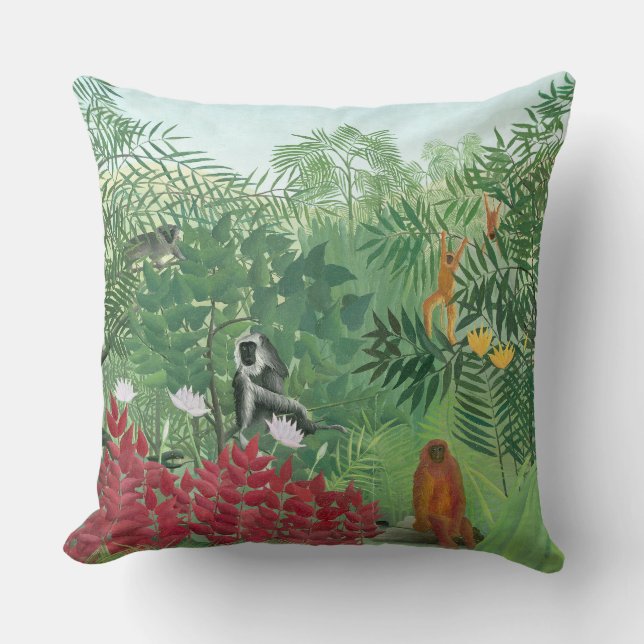 Restored Colour Henri Rousseau Monkey Jungle Art Cushion (Front)