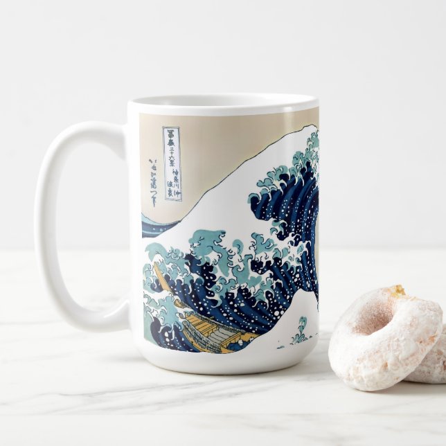 Restored Great Wave off Kanagawa by Hokusai Coffee Mug (With Donut)