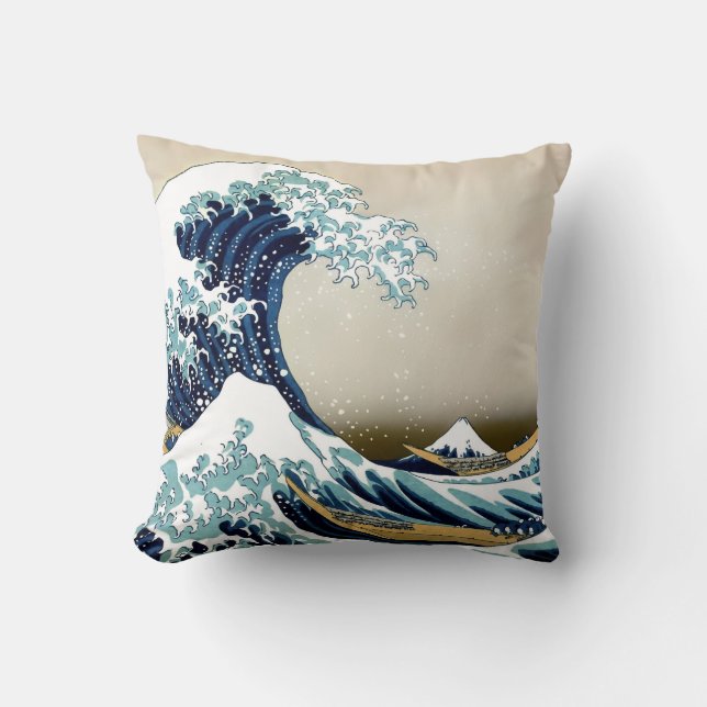 Restored Great Wave off Kanagawa by Hokusai Cushion (Front)