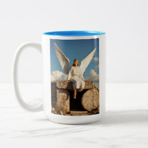 Resurrection Angel Sitting Photo Easter Greetings Two-Tone Coffee Mug