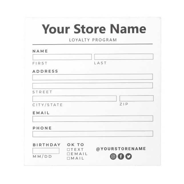 Retail/Boutique Customer Loyalty Rewards Notepad (Front)