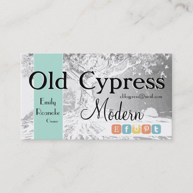 Retail Business with Old Tree Social Media Icons Business Card (Front)