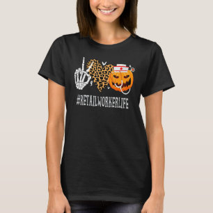 Retail Worker Peace Love Pumpkin Funny Halloween L T-Shirt
