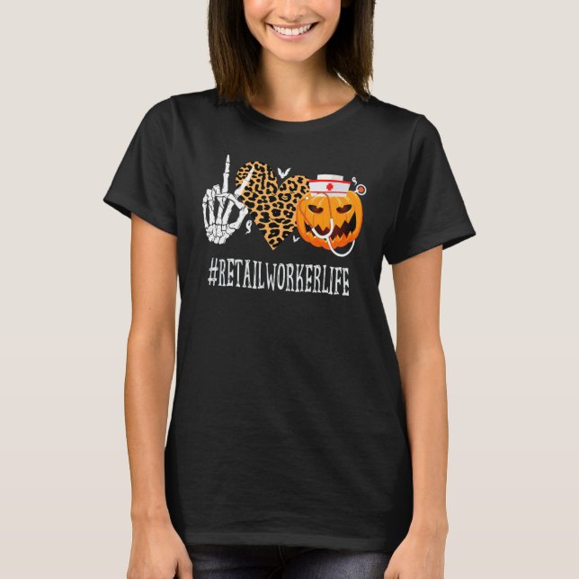 Retail Worker Peace Love Pumpkin Funny Halloween L T-Shirt (Front)